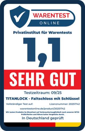 Warentest Online: SEHR GUT (1,1), TITANLOCK Faltschloss mit Schlüssel, Testzeitraum 09/25